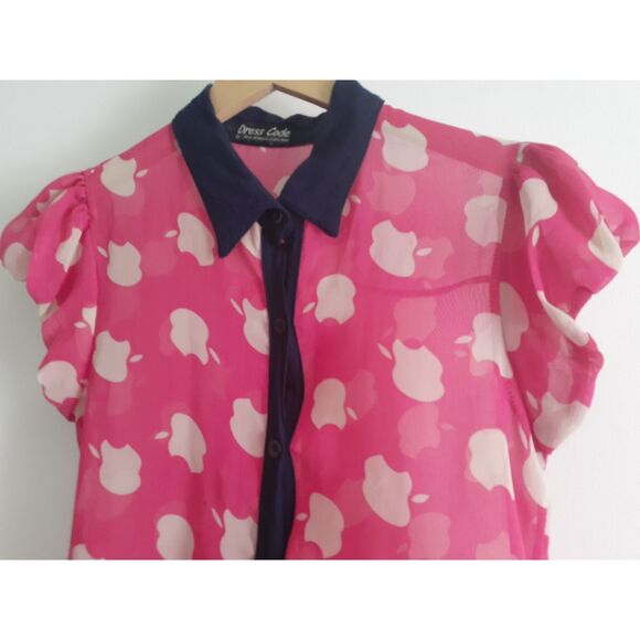 Dresscode Chiffon Sheer Pink Apple Print Collared Hi-Low Hem Button Blouse S-M - Picture 6 of 10